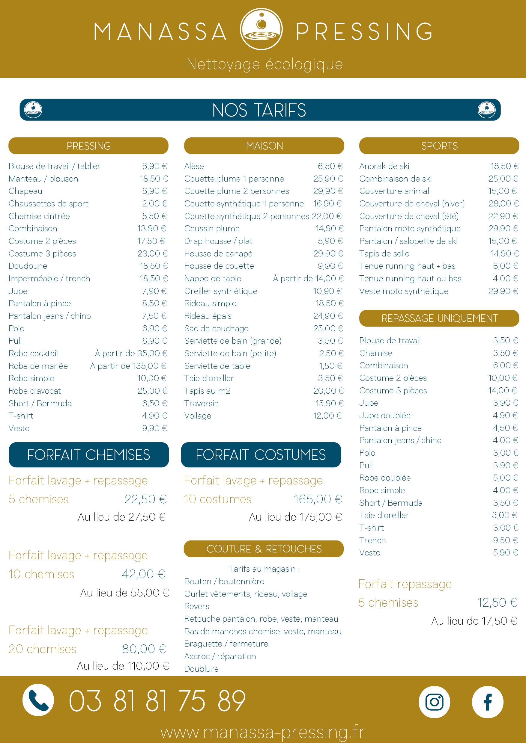 tarifs manassa pressing 2025